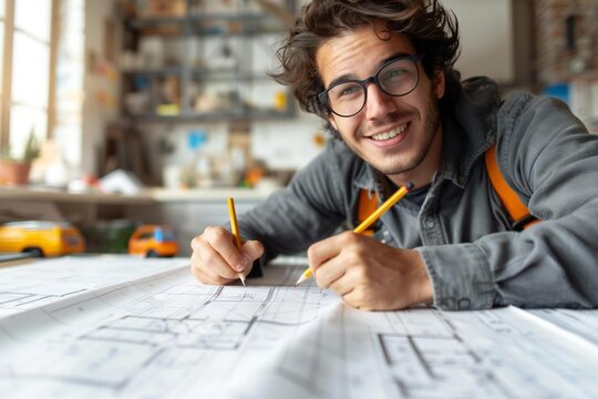 beautiful young male architect, wearing eyeglasses, is smiling and focused as he works on blueprints spread out on a table, hands busy with a pencil, looking intently at his project.