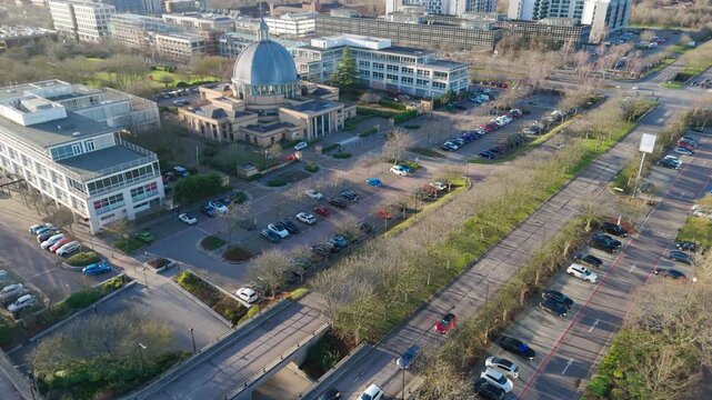 Aerial dolly shot of Christ the Cornerstone Church, Milton Keynes Central