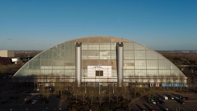 Tight aerial dolly shot of Milton Keynes Xscape