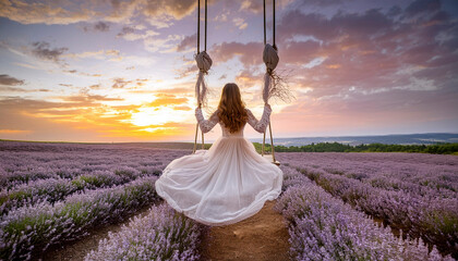 lady in wedding dress swinging on a swing in a lavender field and peace in the background