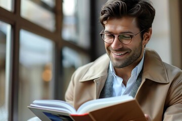 The beautiful man with eyeglasses is sitting on the toilet seat, smiling and reading a book indoors, looking down at the pages.