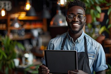 Smiling waiter with beautiful eyeglasses holding a blank digital tablet and looking at the screen.