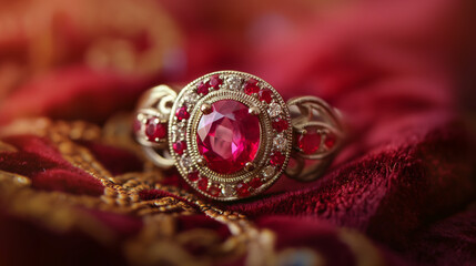 Ruby ring with diamonds on rich red fabric background.