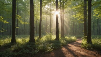 Obraz premium A sunlit path through the early morning forest