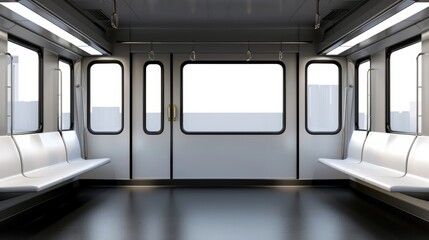 Obraz premium Contemporary subway car with large panoramic windows, flooding the space with natural light, creating an open and airy feel in a bustling urban environment, high-resolution photo, hyper realistic