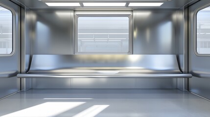 Contemporary subway car with large panoramic windows, flooding the space with natural light, creating an open and airy feel in a bustling urban environment, high-resolution photo, hyper realistic