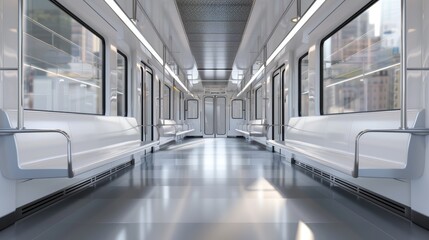 Obraz premium Contemporary subway car with large panoramic windows, flooding the space with natural light, creating an open and airy feel in a bustling urban environment, high-resolution photo, hyper realistic
