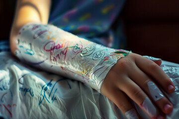 A child's arm in a cast covered with colorful signatures. Accidents and emergencies childhood injury plaster cast.