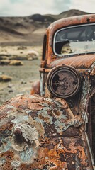 Fototapeta premium Close-up of a vintage, rusted car with peeling paint and a weathered dashboard. The background features a barren landscape with mountains in the distance, evoking a sense of nostalgia and decay.