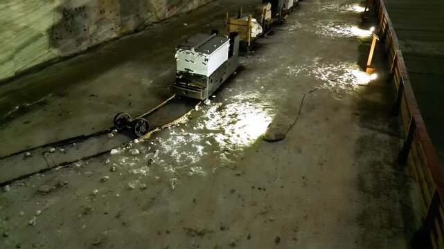 Aerial video inside a giant salt mine in the carpathian mountains of Romania. The vast mine of Salina Slanic Prahova seen from a drone. Flying within an old rock salt quarry. Tourist attraction.
