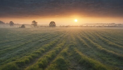 Fototapeta premium A misty morning sunrise over a verdant meadow with solitary trees