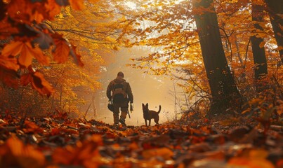 Hunters tracking in autumn woods, alert dogs, vibrant leaves, focused pursuit