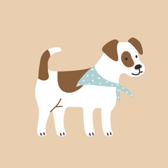 Cute cartoon jack russell dog with a bandana on his neck. Vector illustration.