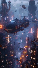 Floating metropolis in a twilight haze, neon neon-drenched steampunk airships, cyberpunk dreamscape, whimsical mechanical birds
