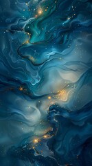 Abstract blue waves with golden accents and soft lighting.