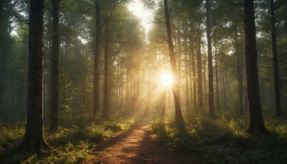 Obraz premium Golden sunlight illuminates a misty forest path