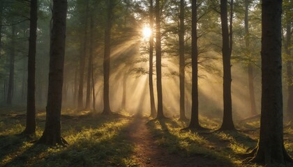 Obraz premium Sunbeams dappling through the trees in a misty morning forest