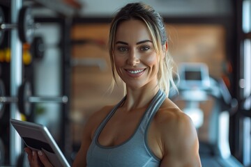 Fototapeta premium A fit muscular female personal trainer smiling at the camera in a gym, close up
