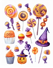Set of cute watercolor Halloween's Day elements. Isolated on white background. Can be used for Halloween's day, greeting cards and invitations. Hand drawn watercolor illustration.