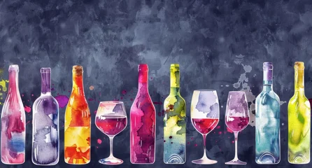 Crédence de cuisine  A colorful watercolor pattern of various wine bottles and glasses, arranged in an artistic line with copy space on the right side for text Generative AI  © SKIMP Art