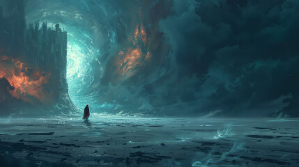 A man stands in front of a large, mysterious structure