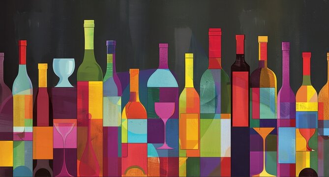 A colorful illustration of wine bottles and glasses, arranged in an abstract pattern on the right side of the canvas The background is a dark gray with subtle gradients Generative AI
