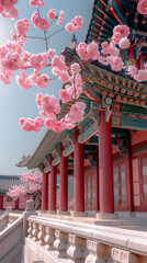 Gyeongbokgung palace with cherry blossom tree in spring time in seoul city of korea, south korea