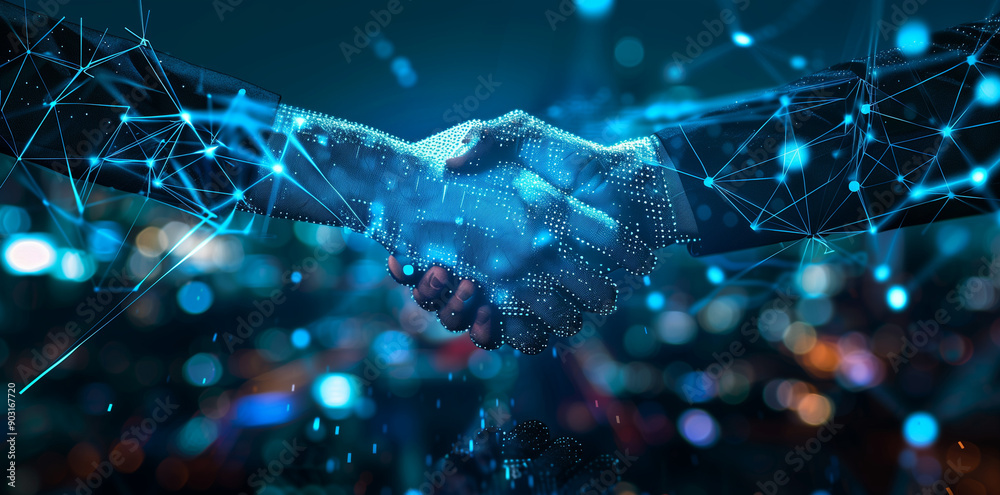 Poster digital handshake with futuristic network connections and city lights in the background. business te