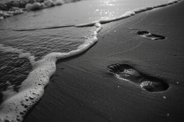 Obraz premium A black and white photo of a beach with a foamy wave