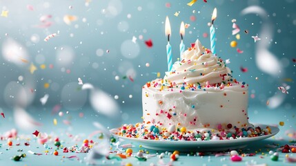   A birthday cake with white frosting and lit candles surrounded by confetti and sprinkles on a blue background