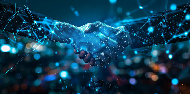 Digital handshake with futuristic network connections and city lights in the background. Business technology and partnership concept for design and print