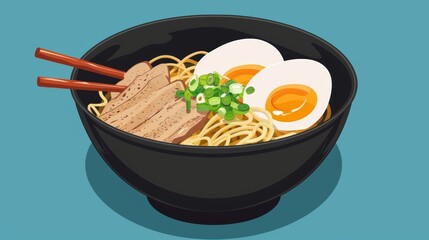 Illustration of Bowl of ramen with soft-boiled egg and sliced pork