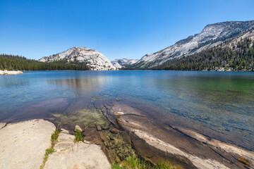 Tenaya Lake in Yosemite National Park, California, shown in early morning against a clear, blue sky.