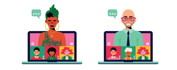 team colleagues video call, meeting zoom on an opened laptop. Vector illustration on a white background. Open laptop. one is speaking, the others are listening. icons calendar analytics around screen