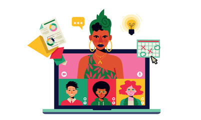 team colleagues video call, meeting zoom on an opened laptop. Vector illustration on a white background. Open laptop. A woman is speaking, the others are listening. icons calendar analytics.