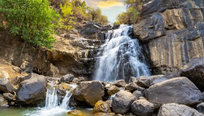 Beautiful waterfall in forest, fresh water flows between stones and rocks, wonderful landscape, wild nature's beauty