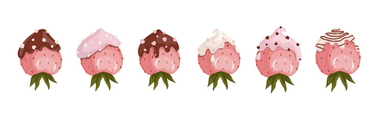 Set of sweet desserts strawberries in chocolate.Vector graphics.