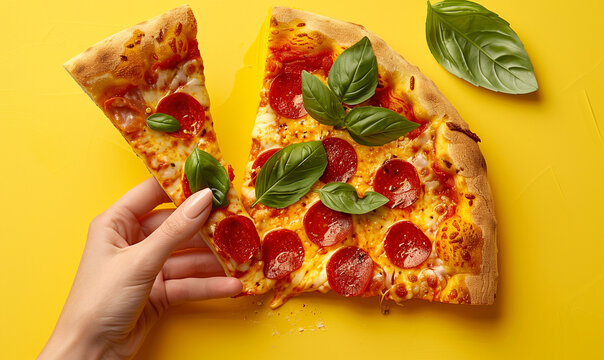 dłoń trzymająca kawałek pysznej pizzy pepperoni na ż&oacute;łtym jednolitym tle