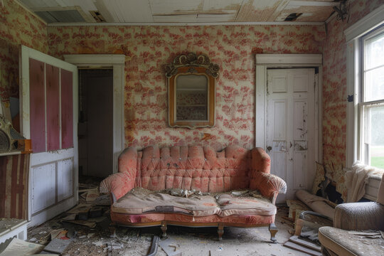 A room with a couch and a mirror