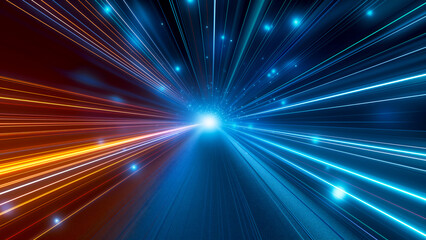 Obraz premium Light speed, light beams moving fast in space, blue and orange colors, abstract background with glow lines, motion blur effect.