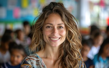 A cheerful teacher interacts with her students in a vibrant classroom filled with learning materials and eager young faces