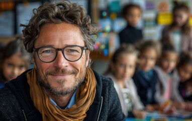 A cheerful teacher interacts with students, fostering a positive learning environment in an elementary classroom filled with eager young learners