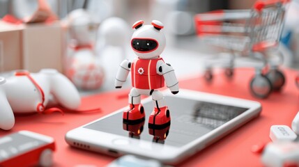A robot is standing on a phone with a shopping cart in the background