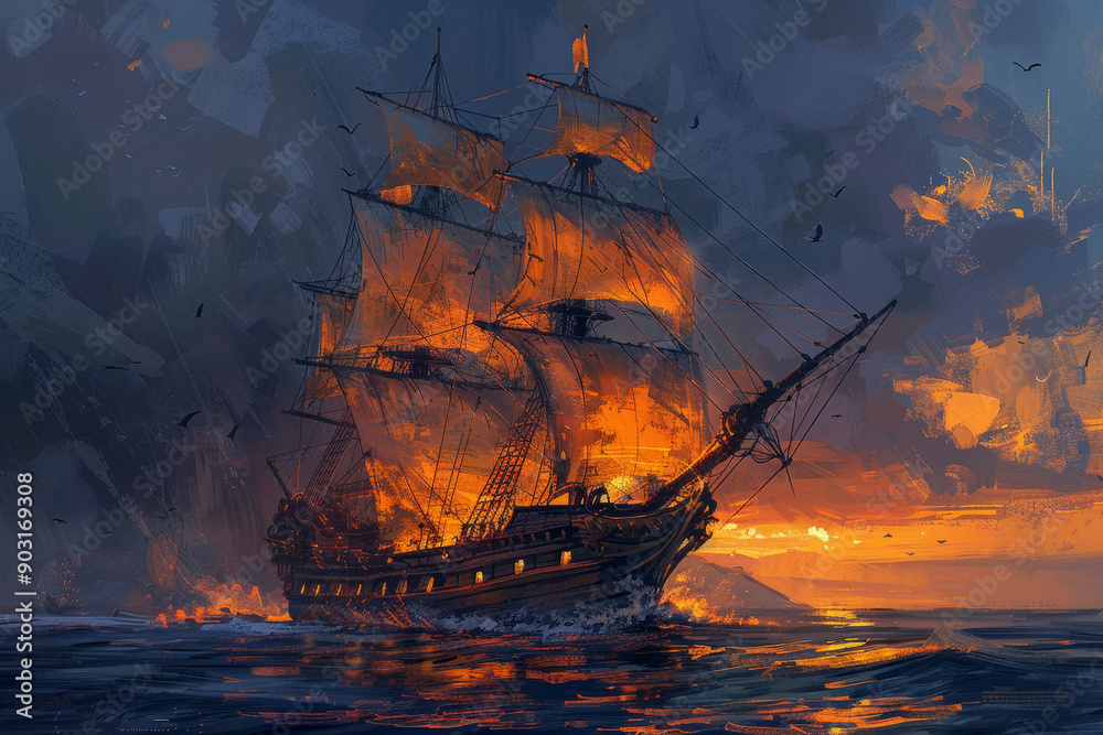 Poster A painting of a ship with a fire on it