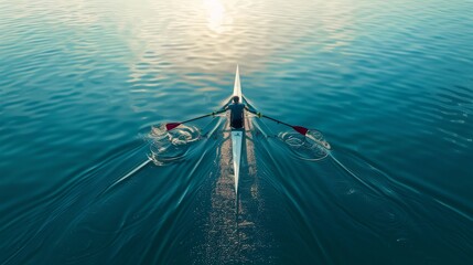 Rower in a single scull, gliding through calm water