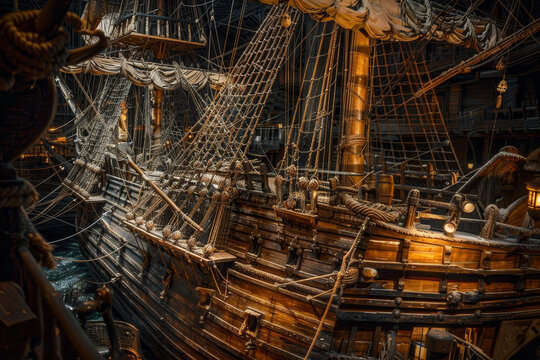 A large ship with a lot of ropes and sails