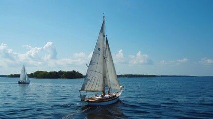 Fototapeta premium Sailor maneuvering a sailboat on open water