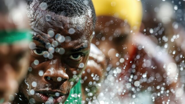 An athlete swimming and splashing water during a competitive swim event, emphasizing the power, speed, and determination necessary in aquatic sports, with other swimmers in the background.