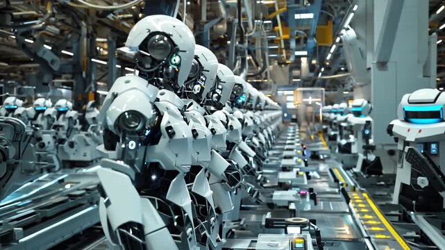 White robots in a assembly line