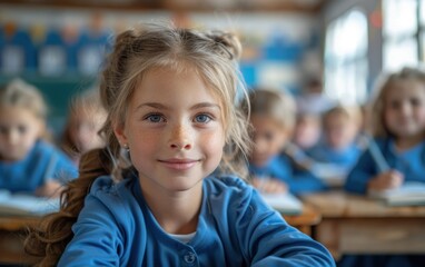 Primary school children in blue uniforms are actively participating in a classroom activity, focused on their tasks and learning together